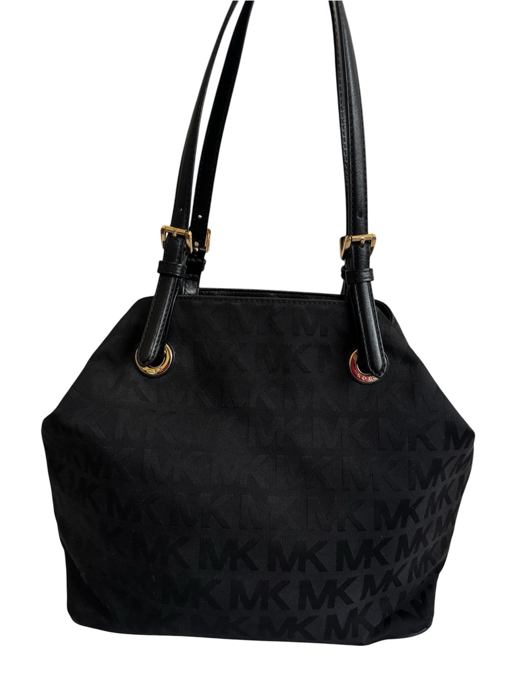 Michael Kors Black MK Jacquard Shoulder Bag with Gold-Tone Hardware